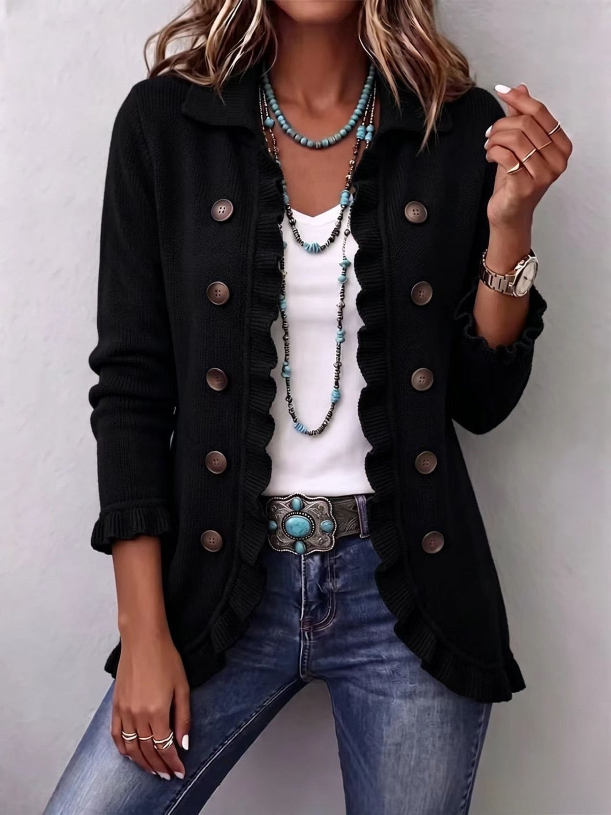 Chaqueta de Punto Negro con Volantes