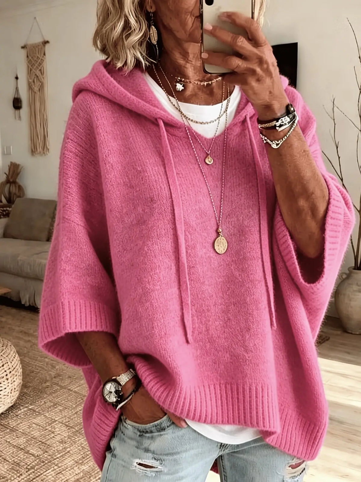 Jersey de Punto con Capucha y Manga Ancha lisos