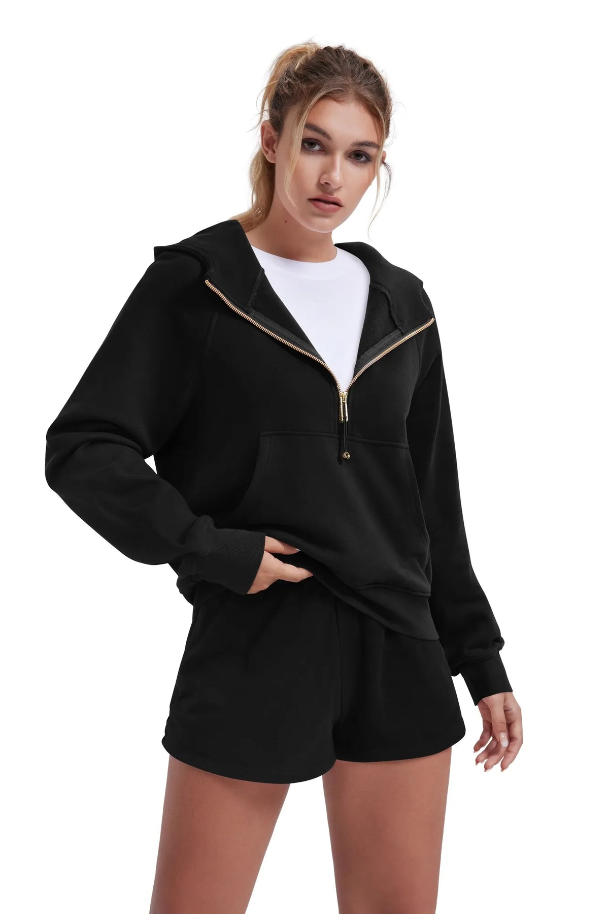 Sudadera Corta con Capucha y Media Cremallera