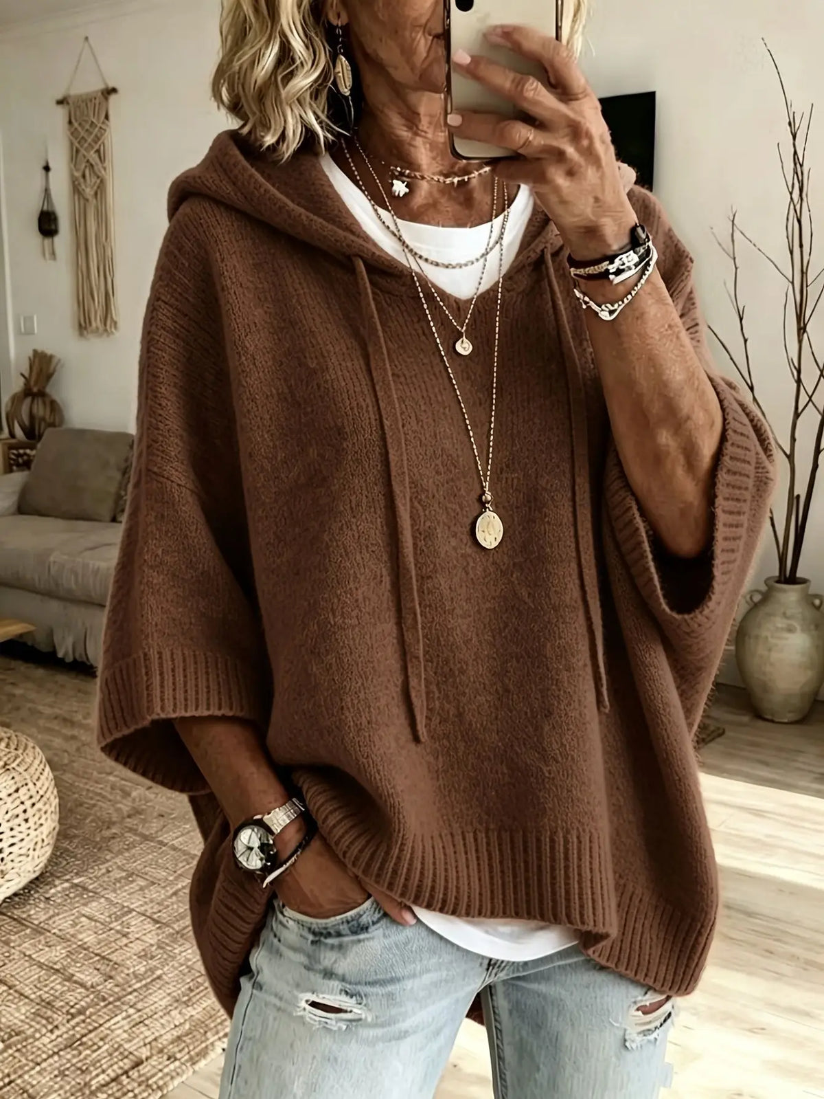Jersey de Punto con Capucha y Manga Ancha lisos